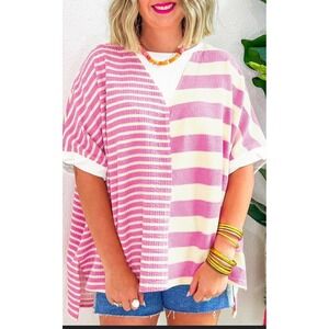 Fantastic Fawn Oversized Waffle Knit Colorblock Pink Striped‎ Tee Casual Top